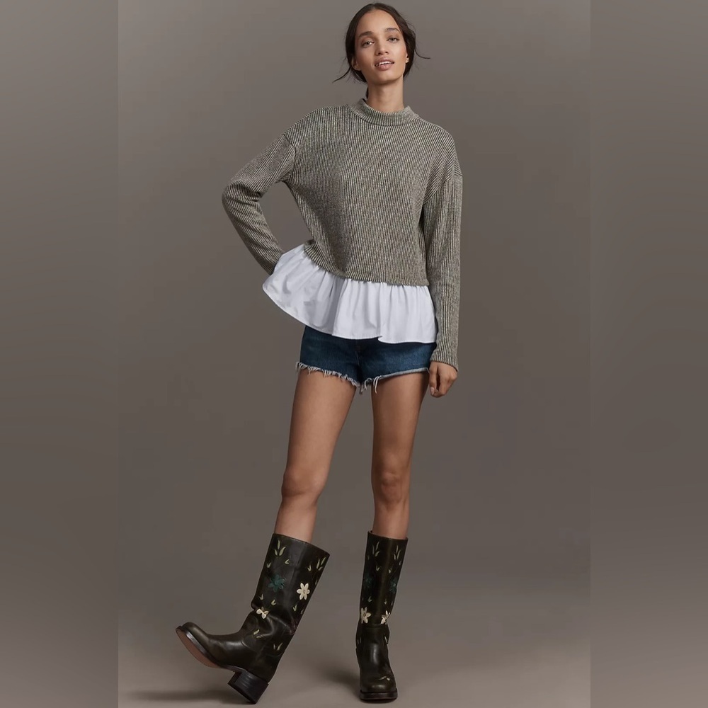 New Maeve Anthropologie Long-Sleeve Bow-Back Twofer Peplum Top Olive NWT - Picture 3 of 6